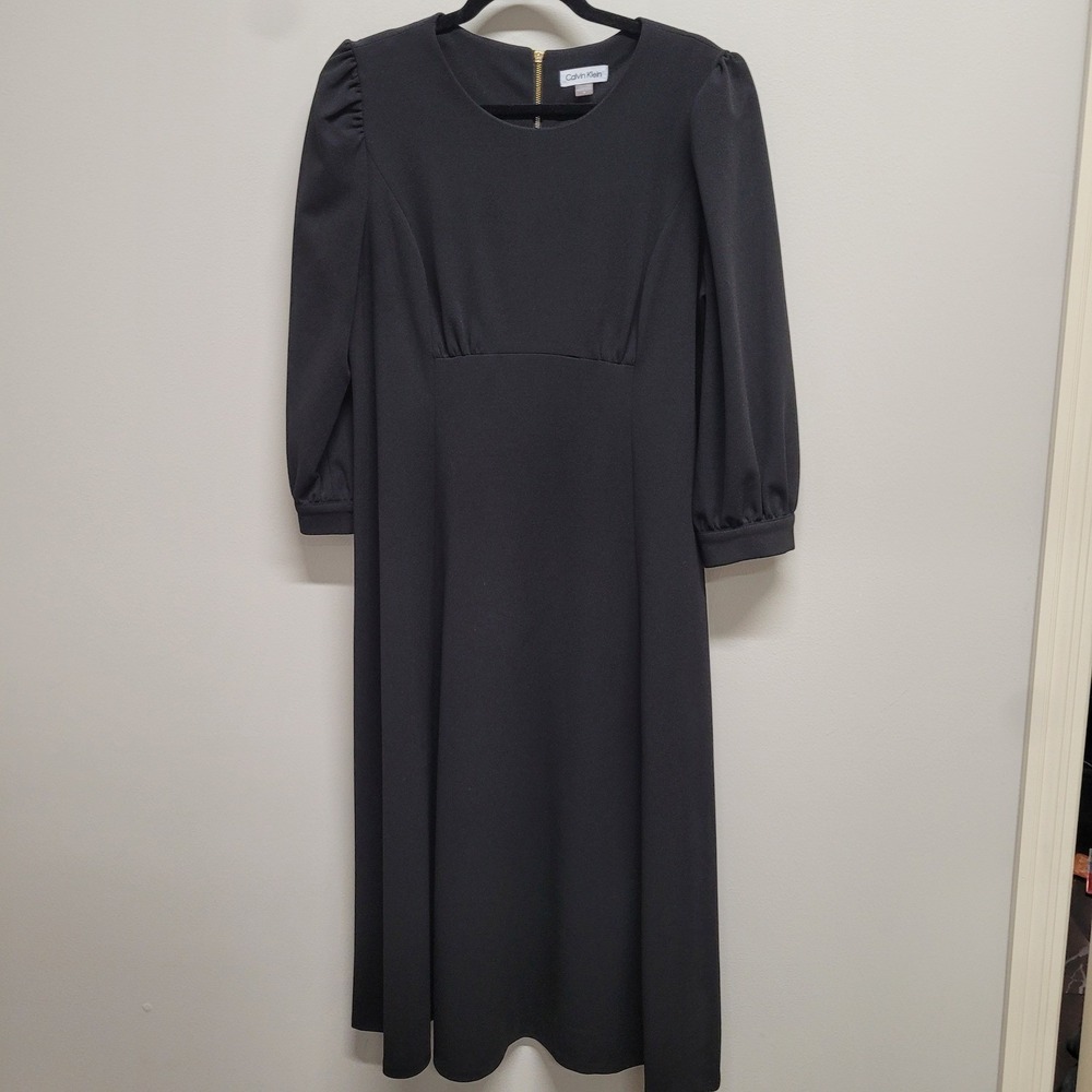 Calvin Klein Womens Black Empire Waist Puff Sleeve Midi Dress Size 14 Zipper